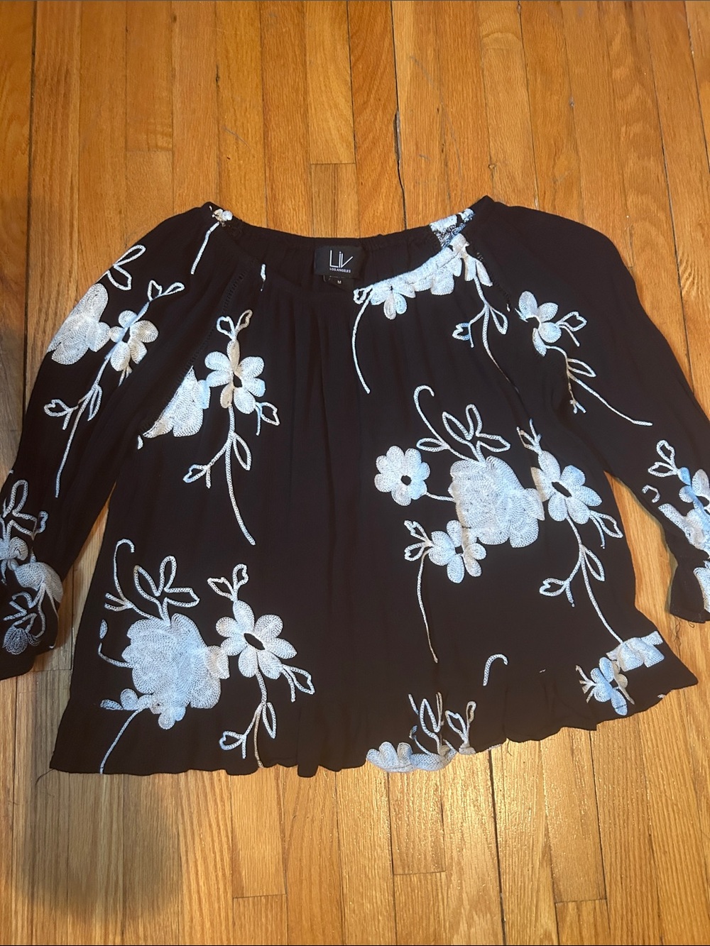 LIV Black Blouse with White Floral Embroidery Size Medium